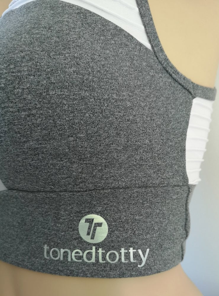 Dilly Dally Grey and White Sports Fitness Bra Top